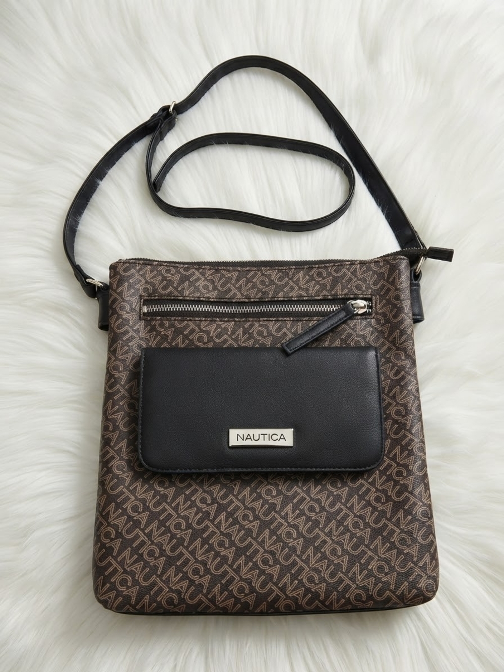 Nautica Brown Monogram Crossbody with Black Front Pocket